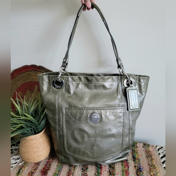 Coach Handbags - Coach Metallic Army Green Tote Bag